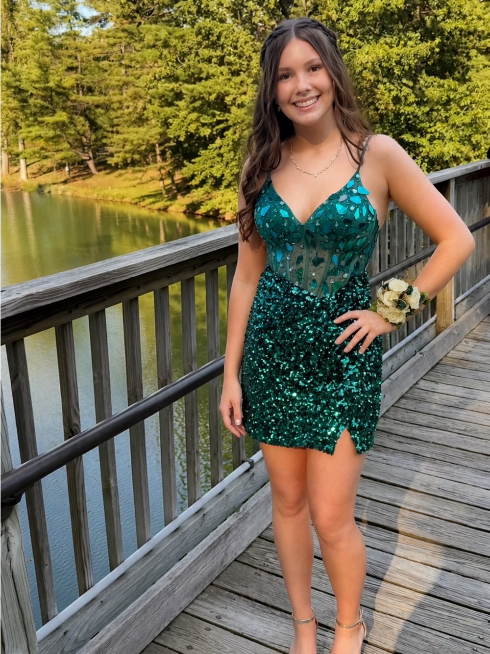 Sequined Emerald Mini Dress with Sheer Bodice